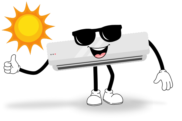 Mini-split cartoon character with sunglasses and a sun behind him, giving a thumbs up.